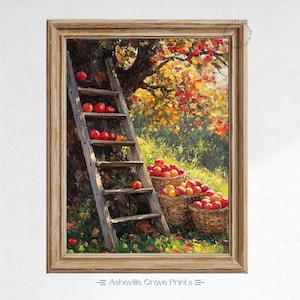 Rustic Autumn Apple Orchard - Vintage Ladder and Apple Baskets, Cottagecore Harvest Scene, Printable Fall Wall Art, Nature Decor 452