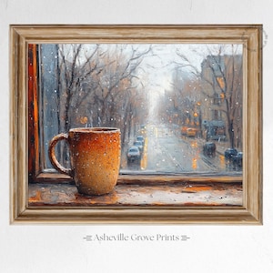 Cozy Winter Morning Printable - Rustic Oil Painting of Ceramic Mug, Rainy Cityscape View, Vintage Window Art, Serene Wall Decor 456