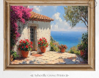 Mediterranean Villa Terrace Print - Rustic Summer Landscape Art, Sunny Floral Patio, Cottagecore Wall Decor, Digital Painting Printable 396