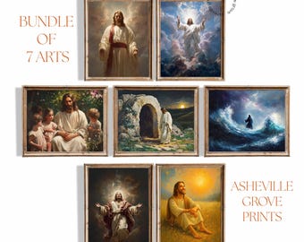 May include: A bundle of seven framed art prints featuring religious figures. The artwork depicts various scenes, including figures in white robes, set against backgrounds of clouds, landscapes, and dramatic lighting. The text "BUNDLE OF 7 ARTS" is visible.