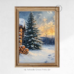 Winter Cabin with Snowy Pine - Rustic Landscape Oil Painting, Printable Wall Art, Vintage Countryside Scene, Cozy Home Decor, Winter art 116