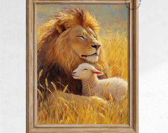 May include: A framed print depicting a lion and a lamb in a field of tall grass. The lion, with a golden mane, rests its head near the lamb. The artwork is in warm tones of gold, brown, and yellow, with the text "Asheville Grove Prints" at the bottom.