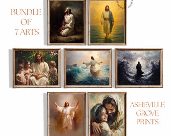 May include: A bundle of seven framed art prints featuring religious imagery. The prints depict Jesus in various scenes, including walking on water, interacting with children, and in prayer. The prints are from Asheville Grove Prints.