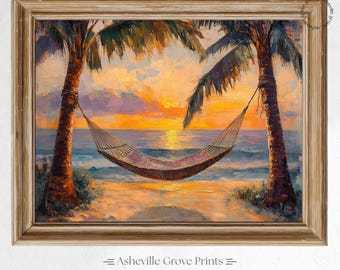 Cuadro de hamaca de playa con atardecer tropical - Arte mural costero imprimible, escena oceánica relajante, decoración rústica de palmeras, impresión digital costera 427