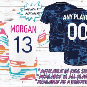 May include: Three athletic jerseys are displayed. One is white with the name "MORGAN" and the number "13" in navy blue. Another jersey is navy blue with a blue pattern and the text "ANY PLAYER" and the number "00" in white. The third jersey has a colorful design. Text reads "2025 NEW KIT AVAILABLE!!!".