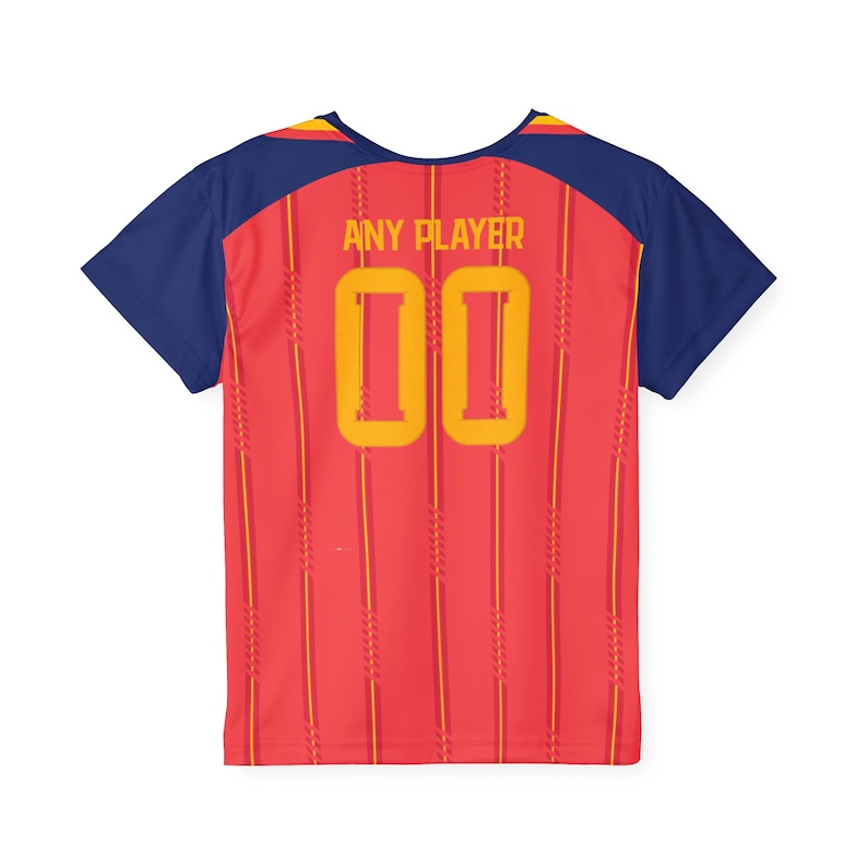 May include: Red and yellow soccer jersey with the text "ANY PLAYER" and the number "00" in yellow. The jersey has navy blue sleeves and a yellow and navy blue neckline. Vertical yellow stripes run down the back of the jersey.