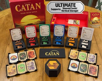 CATAN Board Game Organizer Insert: Base Game + 5-6 Player Expansion, 3D Printed. ULTIMATE Edition supports sleeved cards & vertical storage.