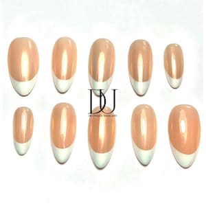Orange French Tip Almond Press-On Nails: Handmade Nail Gel Art
