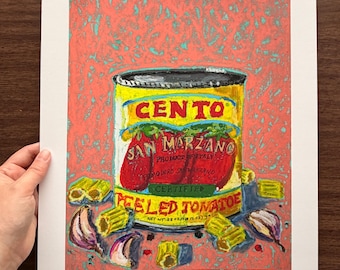May include: A colorful illustration of a CENTO San Marzano peeled tomato can. The can is yellow with red tomatoes and green leaves. The background is a textured coral color with teal accents. Garlic and pasta shapes are scattered around the can.