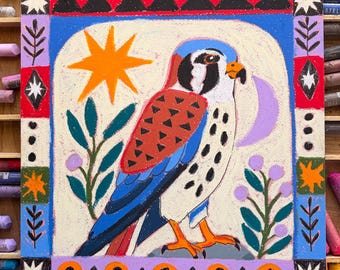 Gheppio — Dipinto originale a pastello ad olio, Opera d'arte originale su un uccello, Opera d'arte colorata sulla fauna selvatica, Arte popolare, 10x10