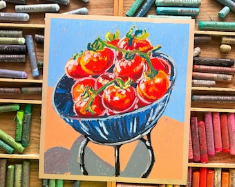 Tomate Saison — Originale Öl-Pastell Malerei, Tomate Stillleben, Öl-Pastell Malerei, Original Food Art, Buntes Essen Kunstwerk, 24x30