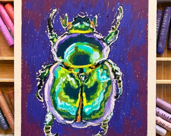 Original Oil Pastel Artwork — Green Beetle