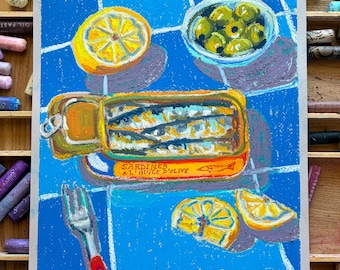 Pescado enlatado — Naturaleza muerta original en pastel al óleo, arte gastronómico original, obra de arte de sardinas coloridas