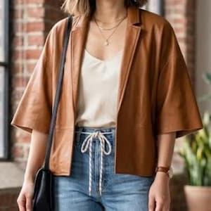 Vintage Massimo Dutti Lambskin Leather Cropped Jacket | Boxy Loose Fit | Camel Leather Short Sleeve Jacket | Women US XS