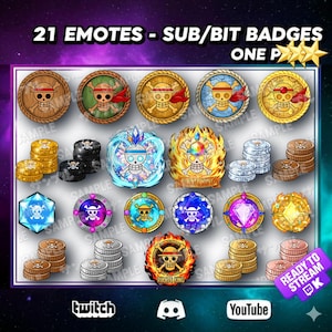 Puede incluir: Un gráfico digital con 21 emotes y insignias de sub/bit con temática pirata. Las insignias son circulares con diseños de calaveras y huesos cruzados en varios colores. La imagen incluye texto que dice "21 Emotes - Sub/Bit Badges" y "Ready to Stream".