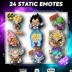Könnte beinhalten: Eine Sammlung von 24 statischen Emotes mit verschiedenen Anime-Charakteren. Die Emotes zeigen Charaktere in dynamischen Posen und Sprechblasen mit Sätzen wie "GG", "¡Nam!" und "¡POG!". Das Bild enthält auch Social-Media-Symbole für Twitch, Discord und YouTube.