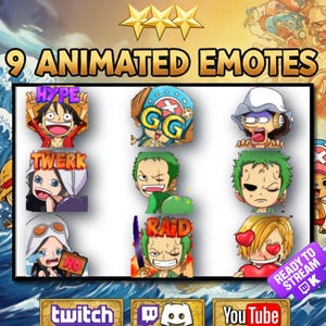 May include: A digital graphic featuring nine animated emotes with various expressions and text overlays like "HYPE" and "TWERK." The image includes logos for Twitch, Discord, and YouTube, with a "READY TO STREAM" banner.