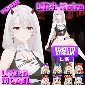 Puede incluir: Ilustración digital de Lilith Noire, personaje con cabello blanco, cuernos rojos y atuendo en blanco y negro. La imagen incluye los textos "VTUBER", "LIVE2D MODEL" y "READY TO STREAM". También se muestran varios emoticonos.