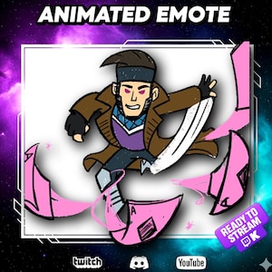 May include: Animated emote featuring a cartoon character in a brown coat, purple shirt, and blue accents. The character is surrounded by pink energy effects. The text "ANIMATED EMOTE" is at the top, with "READY TO STREAM" and social media icons at the bottom.