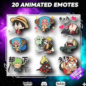 Puede incluir: Imagen promocional con 20 emoticonos animados de varios personajes de dibujos animados. Los emoticonos son coloridos y expresivos, con bocadillos de texto y texto japonés. La imagen incluye logotipos de Twitch, Discord y YouTube.