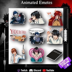 Op de afbeelding: Een verzameling geanimeerde emotes met personages uit Death Note. De emotes tonen verschillende uitdrukkingen en zinnen, zoals "Your Died" en "What's your name?". De afbeelding bevat ook social media-pictogrammen voor Twitch, Discord en YouTube.