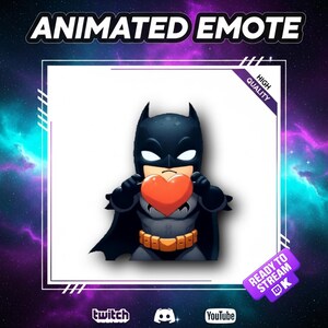 Puede incluir: Emote animado con Batman sosteniendo un corazón rojo. La imagen tiene un borde blanco con el texto "ANIMATED EMOTE" en la parte superior. El fondo es un diseño de galaxia púrpura y azul. La imagen también incluye el texto "HIGH QUALITY" y "READY TO STREAM".