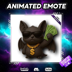 Könnte beinhalten: Animierter Emote mit einer Cartoon-Fledermaus, die eine Sonnenbrille und eine goldene Kette mit einem Dollarzeichen-Anhänger trägt. Die Fledermaus hält einen Stapel grüner Geldscheine. Der Text "ANIMATED EMOTE" ist enthalten.