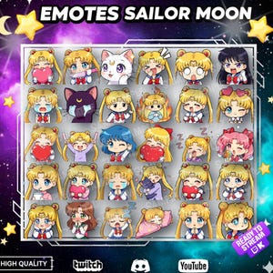 May include: A selection of Sailor Moon emotes displaying diverse emotions, such as love, sadness, and sleep. The emotes showcase characters with blonde and blue hair, and a black cat. The image includes the text "EMOTES SAILOR MOON" and logos for Twitch and YouTube.
