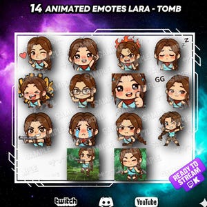 May include: A digital graphic showcasing 14 animated emotes of a character with brown hair and a blue top. The emotes depict diverse expressions and actions, such as winking, giving a thumbs up, and holding a gun. The text at the top reads "14 ANIMATED EMOTES LARA - TOMB."