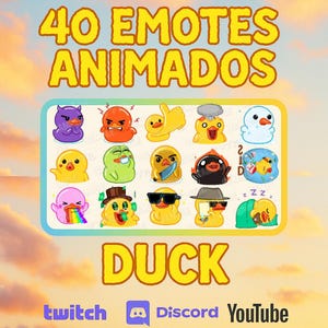 Puede incluir: Gráfico digital con 40 emotes de pato animados con diversas expresiones y accesorios. El texto "40 Emotes Animados" y "Duck" son amarillos. Incluye logotipos de Twitch, Discord y YouTube.