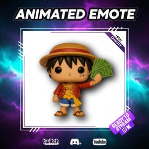 Puede incluir: Gráfico de emote animado con una figura Funko Pop con sombrero de paja y chaqueta roja, sosteniendo billetes verdes. El texto "ANIMATED EMOTE" está en la parte superior, con etiquetas "HIGH QUALITY" y "READY TO STREAM". Logos de Twitch, Discord y YouTube en la parte inferior.