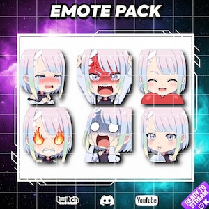 Puede incluir: Un paquete de seis emoticonos de estilo anime que representan a un personaje con cabello blanco y varias expresiones. Los emoticonos incluyen caras llorando, enfadadas, felices y sorprendidas. El texto "EMOTE PACK" está en la parte superior. La imagen también incluye los logotipos de Twitch, Discord y YouTube.