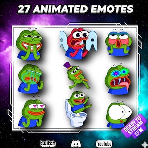 Puede incluir: Un gráfico digital con 27 emotes animados. Los emotes representan una rana verde en varias expresiones y poses, vistiendo una camisa azul. El fondo tiene un tema espacial, con el texto "27 ANIMATED EMOTES".