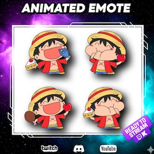 Puede incluir: Conjunto de emoticonos animados con un personaje de dibujos animados con sombrero de paja y chaqueta roja, comiendo varios alimentos. La imagen incluye el texto "ANIMATED EMOTE" e iconos de redes sociales para Twitch, Discord y YouTube.