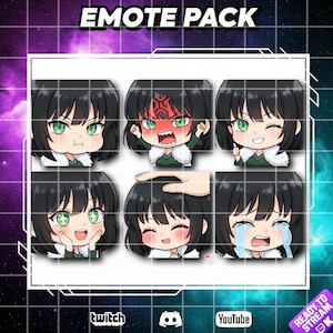 May include: Emote pack featuring a cartoon character with black hair and green eyes, displaying various emotions. The emotes include expressions of sadness, anger, joy, and more. The text "EMOTE PACK" is at the top.