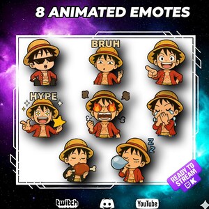 May include: Eight animated emotes featuring a cartoon character in a straw hat and red jacket. Each emote displays a different expression, with text bubbles saying "BRUH" and "HYPE". The image includes the text "8 ANIMATED EMOTES" and social media logos.