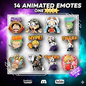 Puede incluir: Un gráfico digital con 14 emotes animados, con personajes y textos como "HYPE" y "TWERK". La imagen incluye logotipos de Twitch, Discord y YouTube, sobre un fondo espacial morado y azul. El texto "14 ANIMATED EMOTES" está en la parte superior.