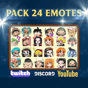 May include: A digital art pack featuring 24 emotes with various cartoon character expressions. The text "PACK 24 EMOTES" is displayed at the top. The bottom of the image displays the logos for Twitch, Discord, and YouTube.