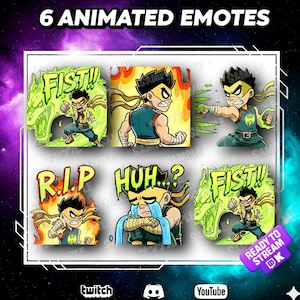 May include: A graphic featuring six animated emotes with a martial arts theme. Each emote depicts a character in various action poses, with text like "FIST!!" and "R.I.P." The image includes the text "6 ANIMATED EMOTES" and social media icons.