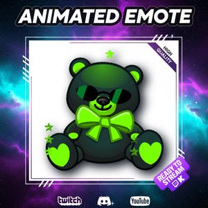 Puede incluir: Emote animado de un oso de peluche negro con detalles verde neón, incluyendo gafas de sol y pajarita. El oso tiene pies en forma de corazón. El texto "ANIMATED EMOTE" está en la parte superior, con etiquetas "HIGH QUALITY" y "READY TO STREAM".