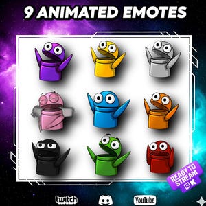 Puede incluir: Nueve emoticonos animados en varios colores, incluyendo morado, amarillo y azul. Cada emoticono presenta un cuerpo cilíndrico con brazos y una cara. El texto "9 ANIMATED EMOTES" está en la parte superior.