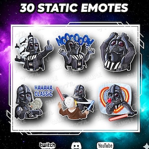 Puede incluir: Gráfico con 30 emoticonos estáticos de Darth Vader en varias poses. Los emoticonos incluyen a Vader con un Stormtrooper, a Vader con las manos en alto y a Vader fumando. El texto "30 STATIC EMOTES" está en la parte superior.