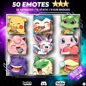 Puede incluir: Imagen que muestra 50 emoticonos, incluyendo 26 animados, 15 estáticos y 9 insignias de suscripción. Los emoticonos representan personajes de dibujos animados en varias poses. El texto "READY TO STREAM" y los iconos de redes sociales están incluidos.