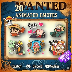 May include: A promotional image with a nautical theme, featuring the text "WANTED" and "20 ANIMATED EMOTES." It showcases six animated emotes of characters, with the Twitch, Discord, and YouTube logos at the bottom. A "READY TO STREAM" sticker is visible.