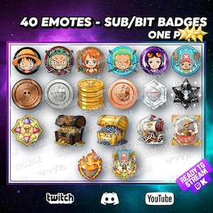 Peut inclure: Une collection de 40 émoticônes et badges de sub/bit sur le thème des pirates. L'image présente divers portraits de personnages circulaires, des pièces de monnaie, des coffres au trésor et un navire. Le texte "40 EMOTES - SUB/BIT BADGES" est en haut.