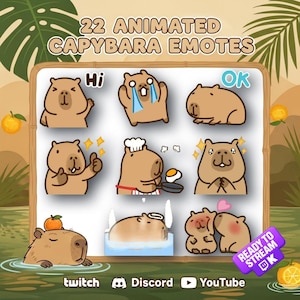 May include: A digital art graphic featuring 22 animated capybara emotes. The emotes depict various expressions, including waving, crying, and giving a thumbs up. The image includes the text "22 Animated Capybara Emotes" and social media platform logos.