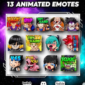 Puede incluir: Una colección de 13 emotes animados con varios personajes de anime con diferentes expresiones. Los emotes incluyen texto como "RAGE", "RIP", "TRY HARD", "YES", "F*CK YOU" y "TOXIC". La imagen tiene un fondo morado y azul con logotipos de redes sociales.