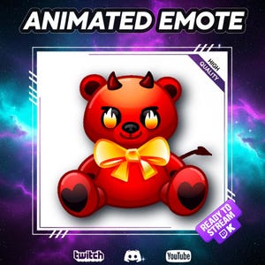 May include: Animated emote featuring a red devil teddy bear with a yellow bow tie, horns, and a tail. The image includes the text "ANIMATED EMOTE" at the top and "READY TO STREAM" in a purple banner. The background is a colorful galaxy.