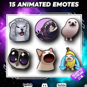 Puede incluir: Gráfico con 15 emoticonos animados con varios personajes de animales de dibujos animados. Los emoticonos incluyen un gato que se cubre la cara, una nutria, una foca, una criatura con ojos grandes, un gato con la boca abierta y un gato con disfraz de plátano llorando.