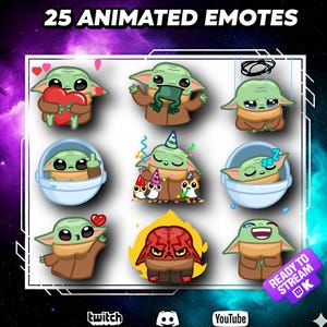 Puede incluir: Un conjunto de 25 emoticonos animados con un personaje alienígena verde con orejas grandes y túnicas marrones. Los emoticonos muestran varias expresiones y acciones, como sostener un corazón, llevar una rana y dormir. El texto "READY TO STREAM" es visible.